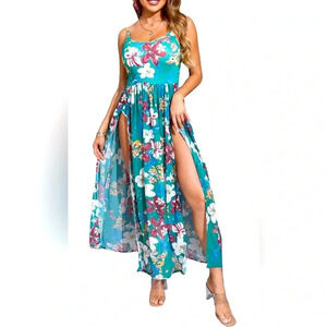 Women Summer Spaghetti Strap Romper Split Maxi Party Casual Dress